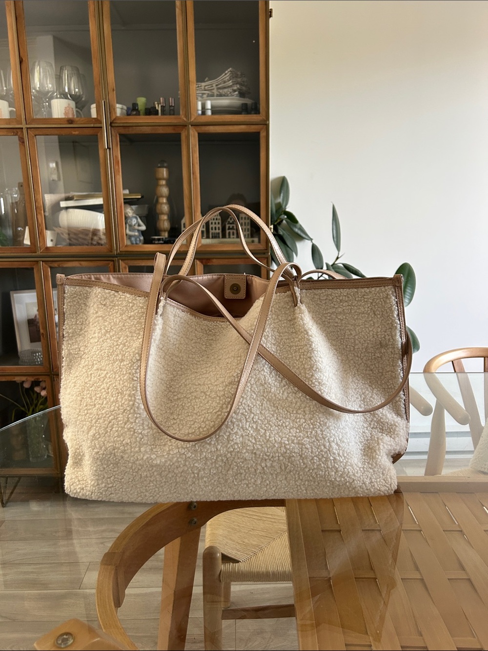 Large Cream Sherpa Tote Bag with Tan Trim